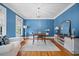 Home office with blue walls, hardwood floors, and built-in shelving at 131 Gold Springs Ct, Canton, GA 30114