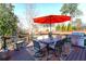 Back deck with patio furniture, grill, and red umbrella at 3414 Alcan Way, Tucker, GA 30084