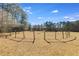 Large, open backyard with wooden posts and surrounding trees at 446 Mcgukin Rd, Bremen, GA 30110