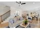 Open concept living room featuring hardwood floors, neutral furniture, and seamless transition to kitchen at 204 Dawson Dr, Woodstock, GA 30188