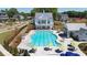 Community pool with lounge chairs and umbrellas, set against a backdrop of charming neighborhood homes at 204 Dawson Dr, Woodstock, GA 30188