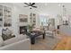 Spacious living room with a fireplace, built-in shelving, and hardwood floors at 401 Nettle Ct, Woodstock, GA 30188