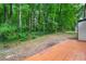 A spacious backyard with a tile patio surrounded by lush trees and greenery offers privacy and outdoor living at 1428 Muirfield Dr, Stone Mountain, GA 30088