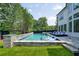 Beautiful pool surrounded by stone decking and artificial grass, nestled beside a modern white house at 100 Chateau Pl, Woodstock, GA 30188