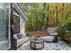 Backyard patio with outdoor seating and view of the lush, wooded backyard at 4070 Whitewater Creek Nw Rd, Atlanta, GA 30327
