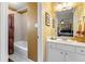 Bathroom with shower/tub combo, vanity, and tile flooring at 3795 Greenside Ct, Dacula, GA 30019