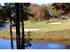Scenic golf course view featuring a green, sand traps, and a tranquil lake with a fountain at 3711 Club Nw Dr, Kennesaw, GA 30144