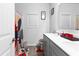 Bathroom with double vanity and shower at 7417 Jennadee Dr, Fairburn, GA 30213