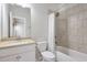 Clean bathroom with a shower/tub combo and a single vanity at 1868 Lakeview Bend Way, Buford, GA 30519