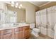 Well-lit bathroom with vanity, toilet, mirror, and shower at 100 Pine Sandy Bank Dr, Canton, GA 30114
