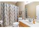 Cozy bathroom features a vanity with sink, toilet, mirror, and shower with curtain at 775 River Cliff Ct, Suwanee, GA 30024