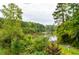 Scenic lake view surrounded by lush greenery, with mature trees, and serene water, as seen from the yard at 4380 Serenity Lake Dr, Cumming, GA 30028