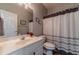 Well-lit bathroom features a single sink vanity, a white toilet, and a shower with curtain at 217 Chad Ln, Loganville, GA 30052