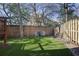 Fenced backyard with artificial turf and two chairs facing a wooden privacy fence at 610 Timm Valley Ne Rd # B, Atlanta, GA 30305