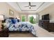 Bright main bedroom showcasing a king bed with a floral comforter and balcony access at 938 Canterbury Ln, Atlanta, GA 30324