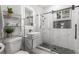 Modern bathroom with marble style walls, vessel sink, walk-in shower with black hardware and glass door at 645 Cumberland Rd, Atlanta, GA 30306