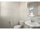 Modern powder room with pedestal sink, decorative mirror, and marble backsplash at 2569 Village Park Bnd, Duluth, GA 30096