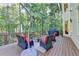 Back deck with patio furniture, umbrella, and grill overlooking trees at 5760 Windjammer Pt, Cumming, GA 30041