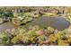 Aerial view of the estate with a private lake surrounded by beautiful autumn foliage and well-maintained properties at 205 Pine Knott Rd, Fayetteville, GA 30214