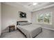 Relaxing bedroom with tray ceiling, ceiling fan, and large window views at 4524 Mikajack Se Dr, Smyrna, GA 30080
