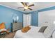 Cozy blue bedroom includes fan, carpet and an organized closet space for optimal storage at 343 8Th Ne St # G2, Atlanta, GA 30309