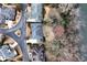 Aerial view of homes backing up to lake with lush landscaping and mature trees creating a private setting at 9135 Etching Overlook, Johns Creek, GA 30097