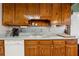 Kitchen features wood cabinets, stainless steel hardware, and tile backsplash at 6664 Windwood Cir, Douglasville, GA 30135
