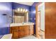 Blue bathroom featuring a vanity with a sink, mirror, toilet, and shower at 2541 Deer Isle Cv, Lawrenceville, GA 30044