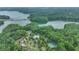 An aerial view shows a neighborhood swimming pool, tennis courts, lake access, and lush landscaping at 6225 Leeward Tide Ct, Cumming, GA 30041
