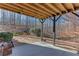 Backyard view from the under deck patio showing seating area, privacy fence, and wooded area at 6225 Leeward Tide Ct, Cumming, GA 30041