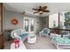 Covered patio with ceiling fan, furniture, and a serene outdoor living space, perfect for relaxing or entertaining guests at 423 Treetop Cir, Canton, GA 30115