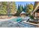 Backyard pool with stone patio, cabana, and lush landscaping, perfect for outdoor living at 1050 Carnoustie Ln, Alpharetta, GA 30005