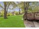 Large backyard with wooden deck, lawn and mature trees at 2458 Calvin Ave, East Point, GA 30344