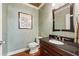 Elegant powder room featuring a granite countertop, modern fixtures, and decorative wall art at 9070 Waits Ferry Xing, Johns Creek, GA 30097