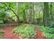 Peaceful backyard retreat featuring mature trees, a wooden bench, and mulched garden beds at 428 Sycamore Dr, Decatur, GA 30030