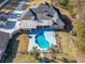 Aerial view of a large backyard featuring a kidney-shaped swimming pool and a covered patio area at 3410 Church Rd, Villa Rica, GA 30180