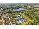 Aerial view showing lake, pool, tennis courts, mature trees, and residential area at 283 Harmony Lake Dr, Canton, GA 30115