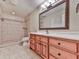Well-lit bathroom featuring a walk-in shower, vanity with drawers, and decorative mirror at 283 Harmony Lake Dr, Canton, GA 30115