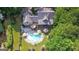 Aerial view of the property showcasing a pool, deck, mature trees, and lush landscaping at 1230 Mars Hill Nw Rd, Acworth, GA 30101