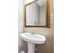 Bathroom featuring a white pedestal sink, chrome faucet, and a decorative mirror at 4985 Skyland Pkwy, Cumming, GA 30028