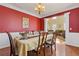 Dining room with hardwood floors and red accent wall at 3739 Newhalem Sw St, Atlanta, GA 30331
