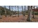 Scenic view of a backyard pond surrounded by trees and fall foliage, with a picnic table and seating for outdoor enjoyment at 2453 Wall Se St, Conyers, GA 30013