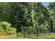 Serene backyard features black metal fence, lush greenery, and a peaceful wooded environment at 353 Vista Ln, Woodstock, GA 30189