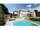 Expansive backyard with a pool, patio, and lush landscaping, perfect for outdoor living at 401 Lynne Cir, Alpharetta, GA 30009