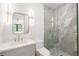 Modern bathroom with a sleek vanity, glass enclosed shower, and elegant finishes at 401 Lynne Cir, Alpharetta, GA 30009
