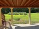 Under-deck view of a backyard featuring a fenced pool and expansive lawn surrounded by mature trees at 1931 Harvest Way, Loganville, GA 30052
