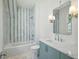 Charming bathroom with blue striped tile in the shower and a blue vanity with a white countertop at 114 Terrace Ne Dr, Atlanta, GA 30305