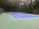 Community tennis court with a blue surface and green border surrounded by tall trees and a fence at 25 Clay Ct, Hiram, GA 30141