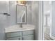 Cozy bathroom features a vanity with a light gray cabinet, a mirror, and access to a hallway at 102 Johnson Ct, Decatur, GA 30030