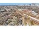 Wide aerial shot showcases neighborhood with train yard and cityscape, under a clear blue sky at 917 Garibaldi Sw St, Atlanta, GA 30310